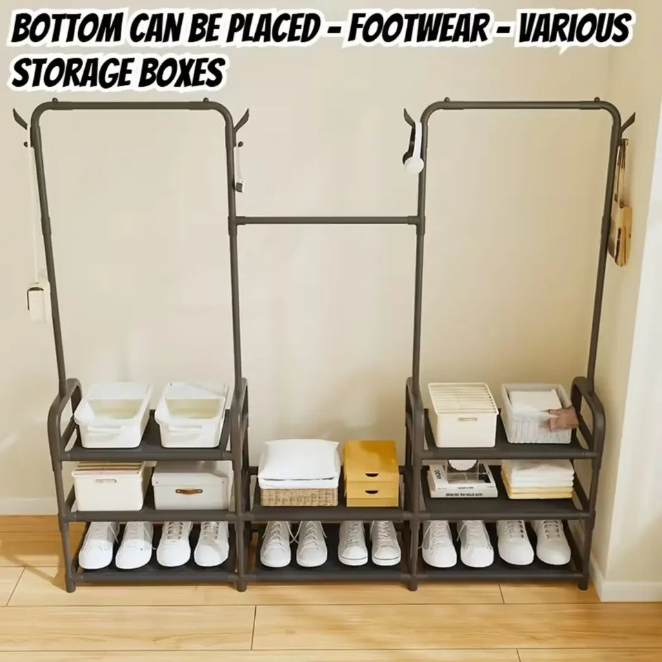 Perchero Multifuncional 3 Secciones con Zapatero y Estantes