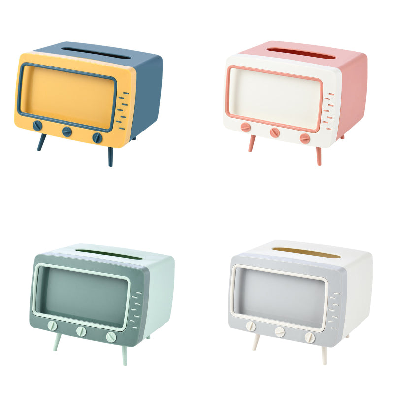 Dispensador de Pañuelos Creativo en Forma de TV con Soporte para Celular