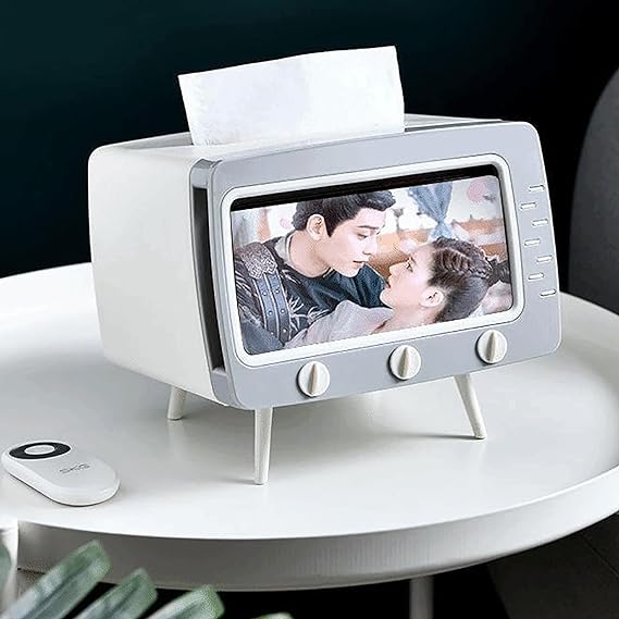 Dispensador de Pañuelos Creativo en Forma de TV con Soporte para Celular