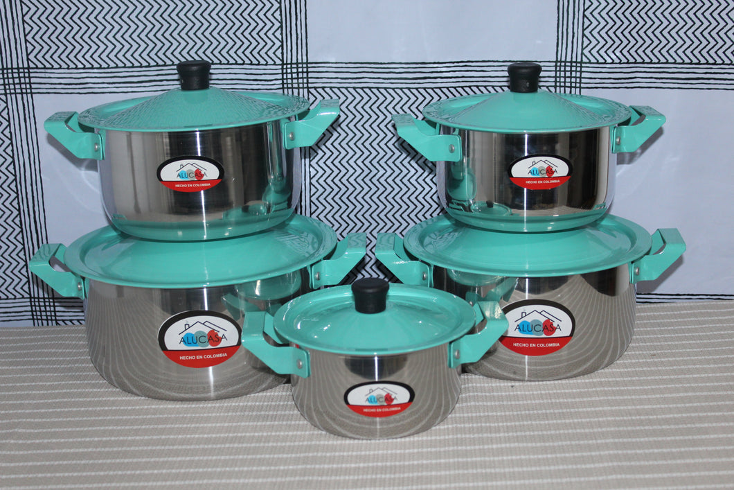 Juego de Ollas en Aluminio con Tapa Color Agua Marina