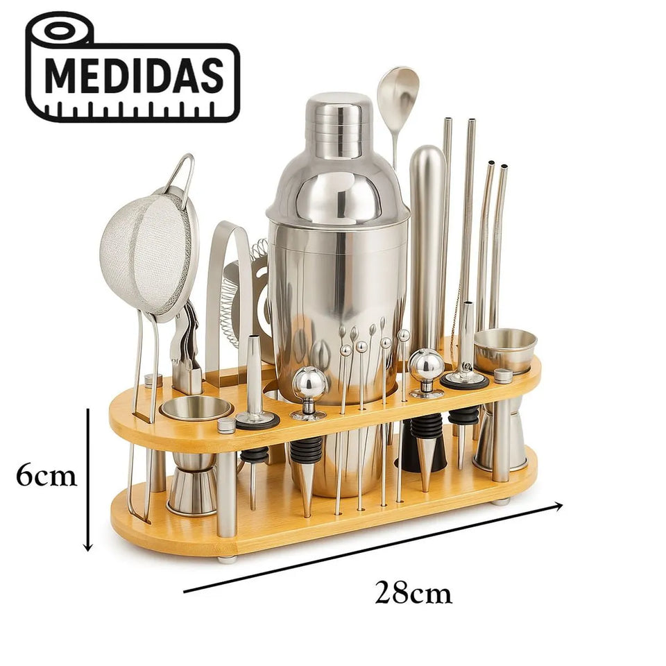 KIT DE COCTELERÍA PROFESIONAL DE 23 PIEZAS CON BASE DE BAMBÚ