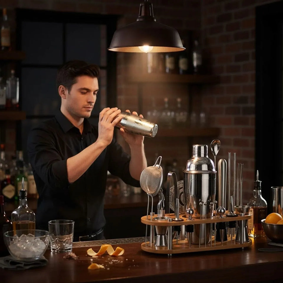 KIT DE COCTELERÍA PROFESIONAL DE 23 PIEZAS CON BASE DE BAMBÚ