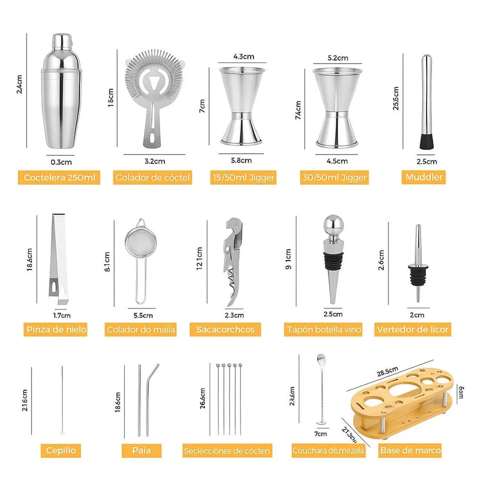 KIT DE COCTELERÍA PROFESIONAL DE 23 PIEZAS CON BASE DE BAMBÚ