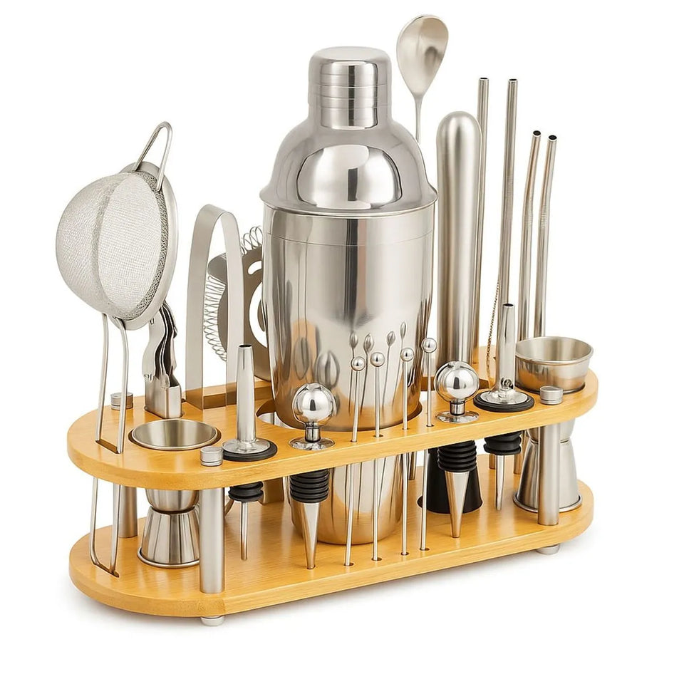 KIT DE COCTELERÍA PROFESIONAL DE 23 PIEZAS CON BASE DE BAMBÚ