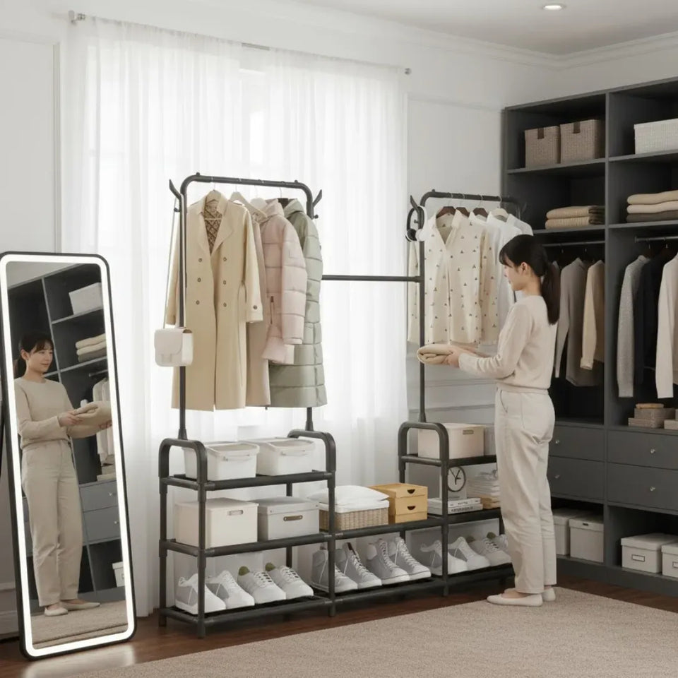 Perchero Multifuncional 3 Secciones con Zapatero y Estantes