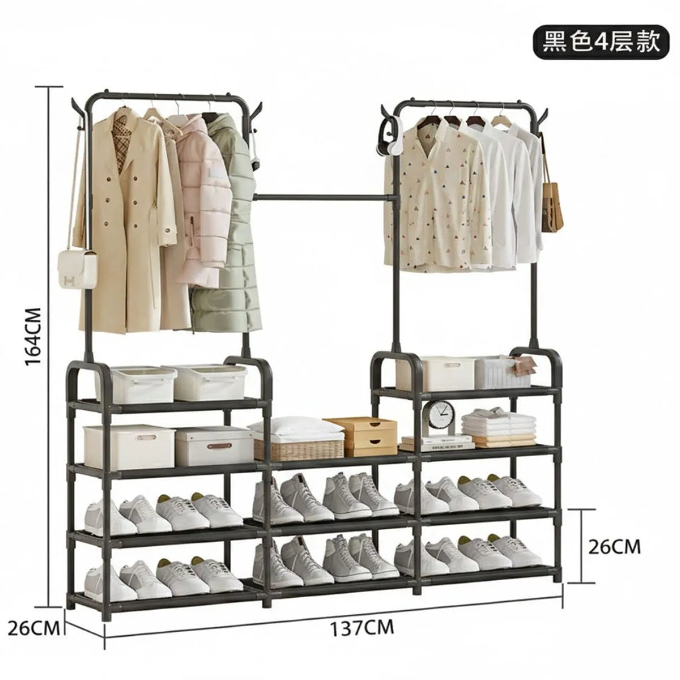 Perchero Multifuncional 3 Secciones con Zapatero y Estantes