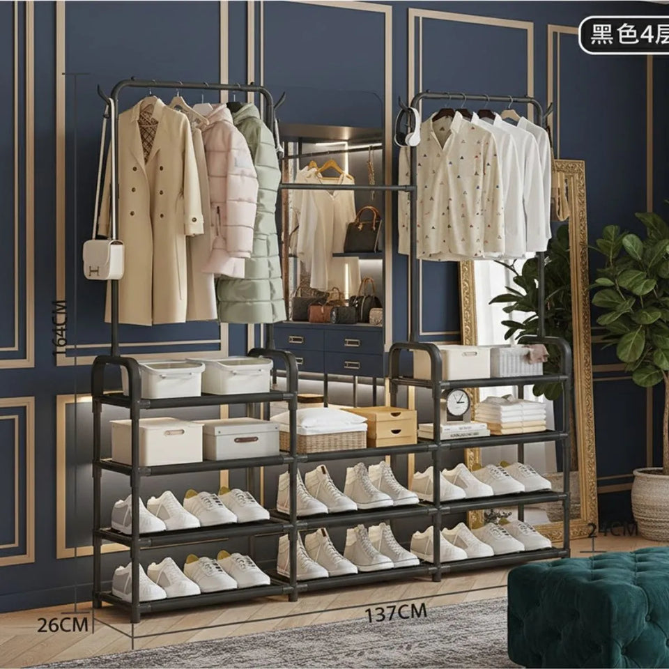 Perchero Multifuncional 3 Secciones con Zapatero y Estantes