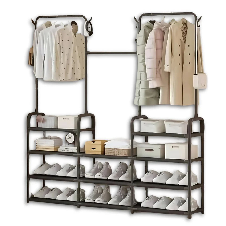 Perchero Multifuncional 3 Secciones con Zapatero y Estantes