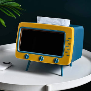 Dispensador de Pañuelos Creativo en Forma de TV con Soporte para Celular