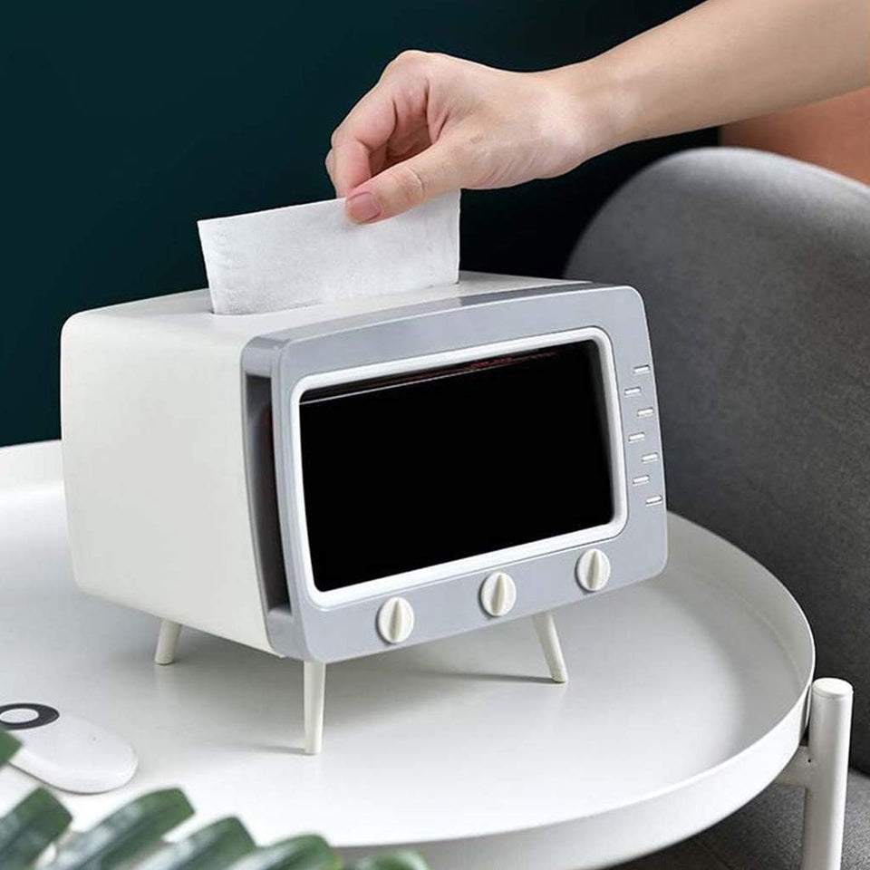 Dispensador de Pañuelos Creativo en Forma de TV con Soporte para Celular