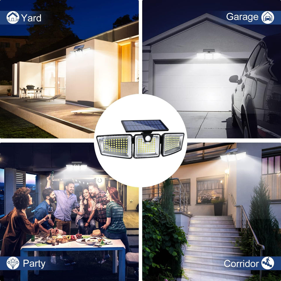 Lámpara Solar LED con Sensor de Movimiento y Triple Cabezal