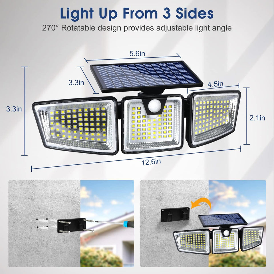 Lámpara Solar LED con Sensor de Movimiento y Triple Cabezal
