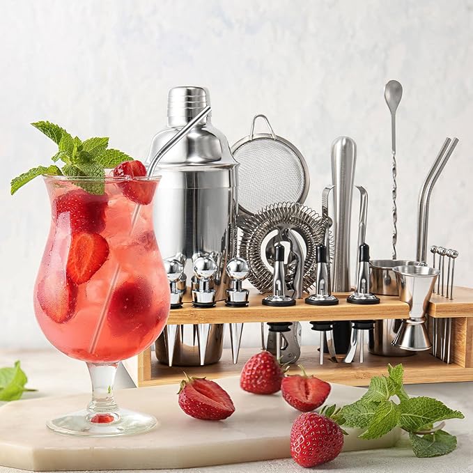 KIT DE COCTELERÍA PROFESIONAL DE 23 PIEZAS CON BASE DE BAMBÚ