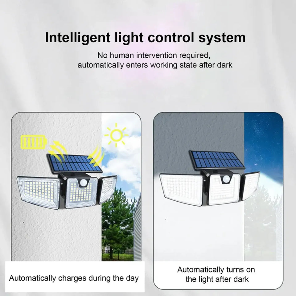 Lámpara Solar LED con Sensor de Movimiento y Triple Cabezal