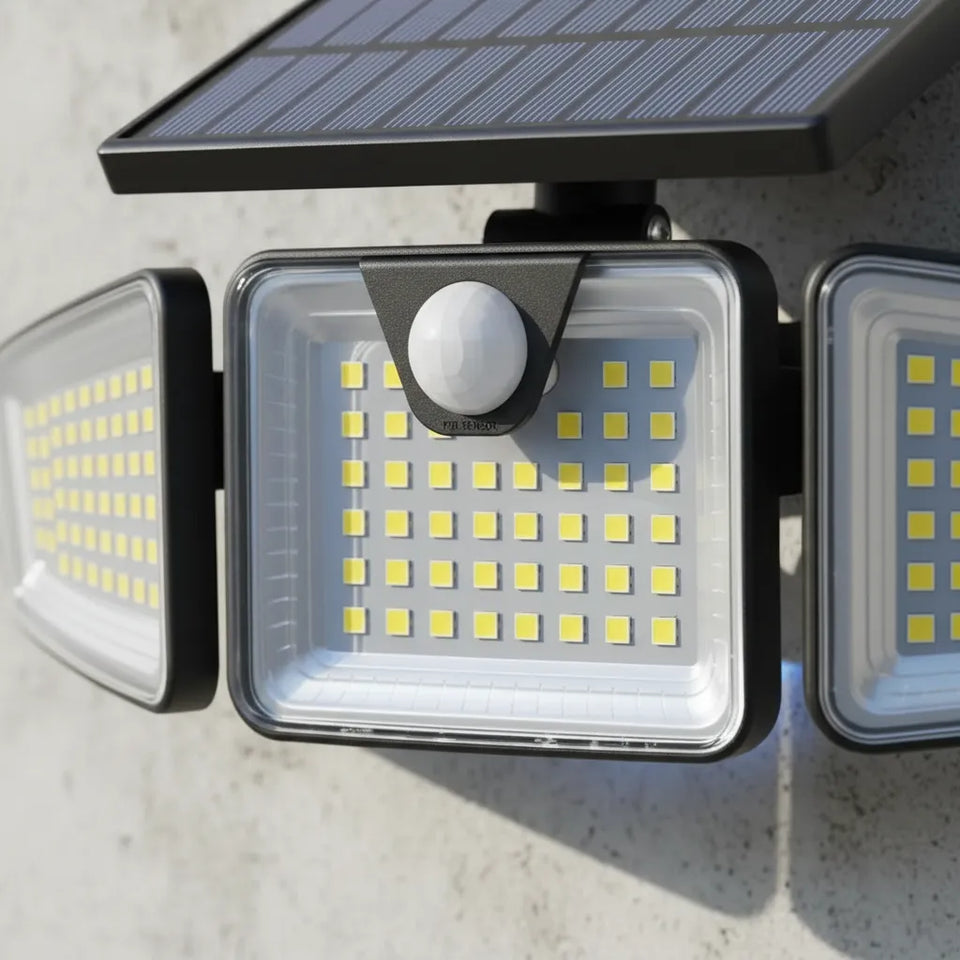 Lámpara Solar LED con Sensor de Movimiento y Triple Cabezal