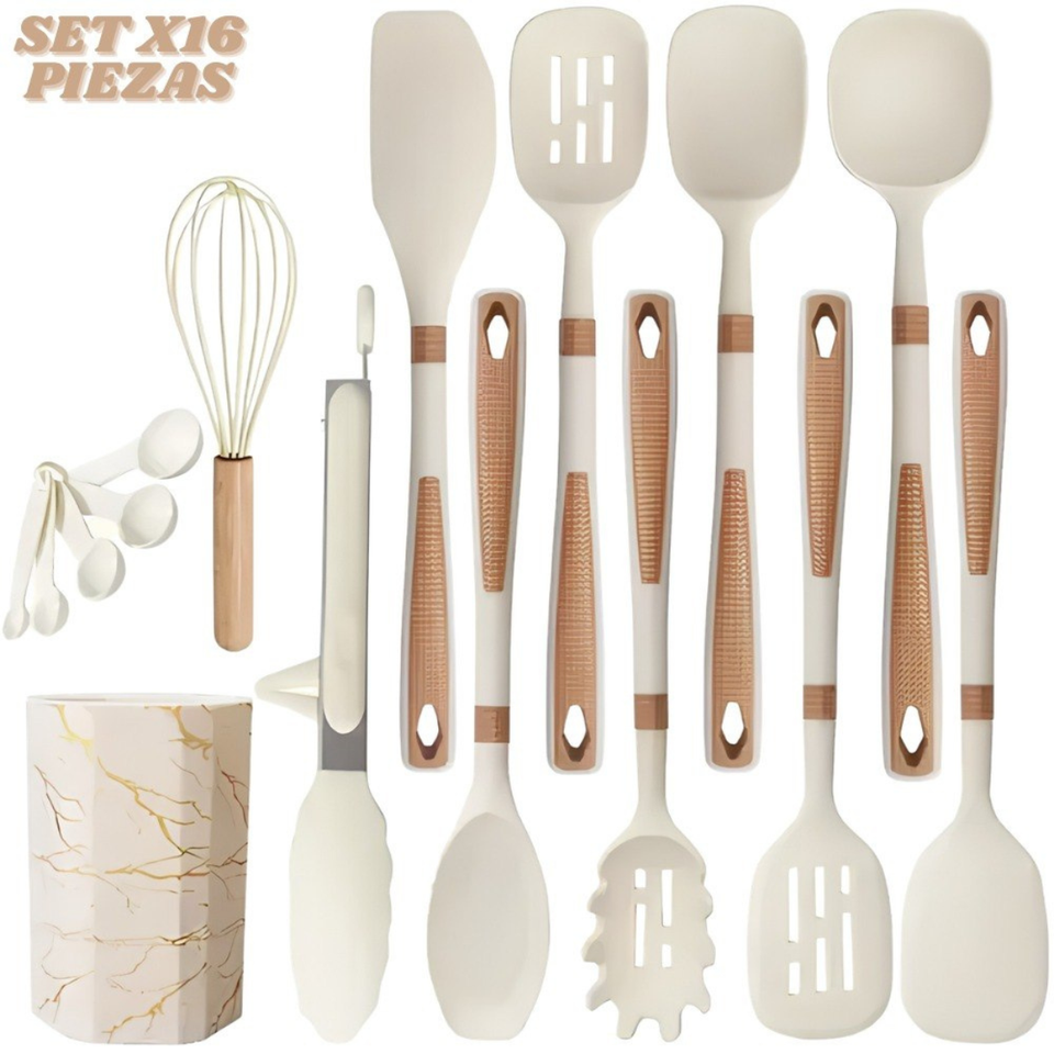 Set de utensilios para cocina x16 piezas en silicona beige