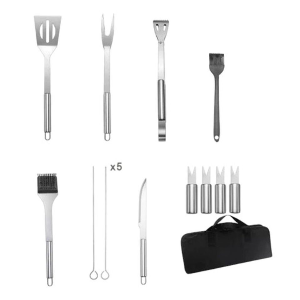 Set parrillero estuche kit bbq para asados con 15 utensilios