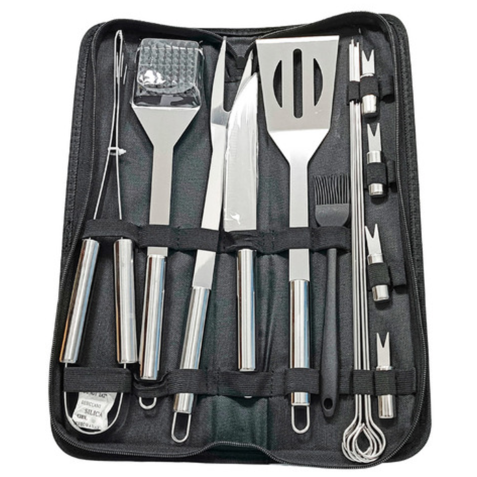 Set parrillero estuche kit bbq para asados con 15 utensilios