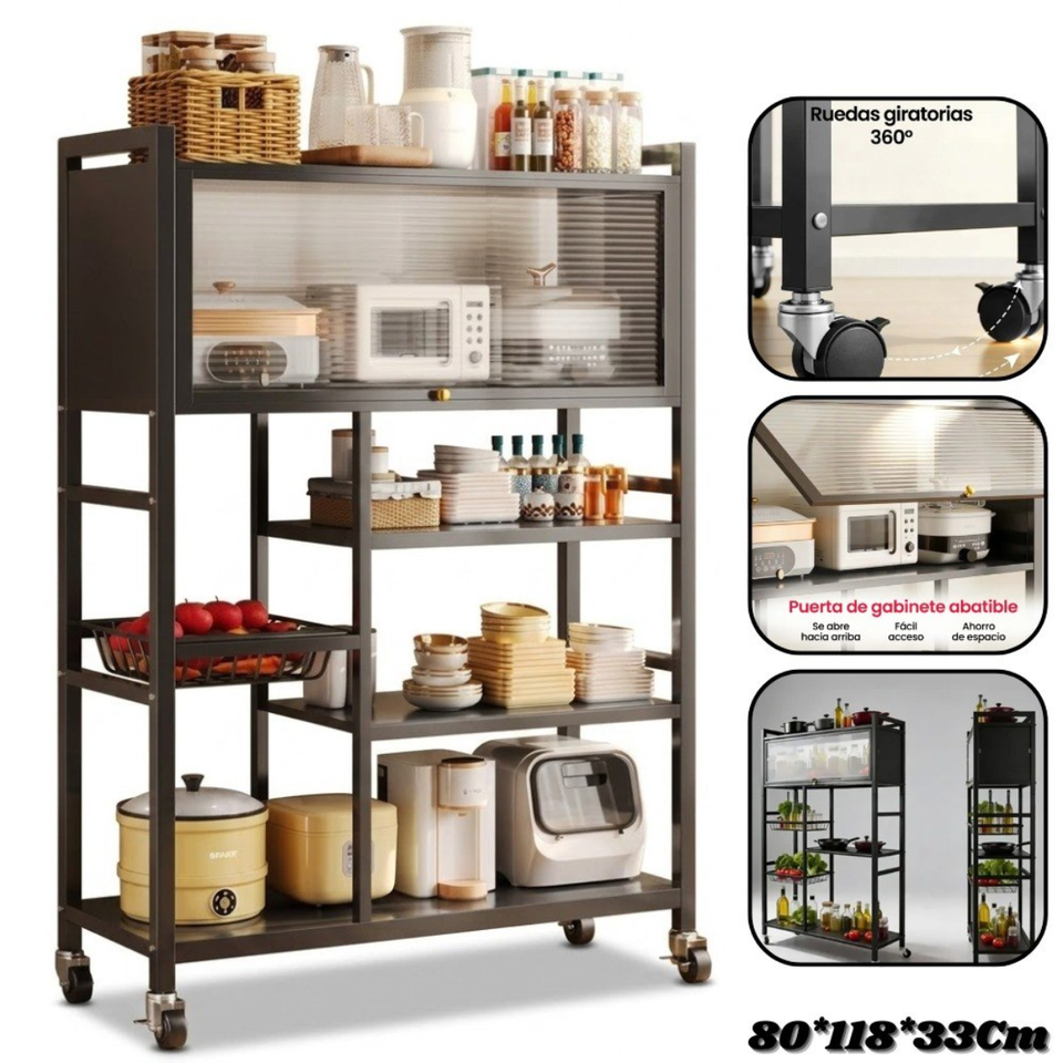Estantería organizadora de cocina multifuncional con gabinete y ruedas