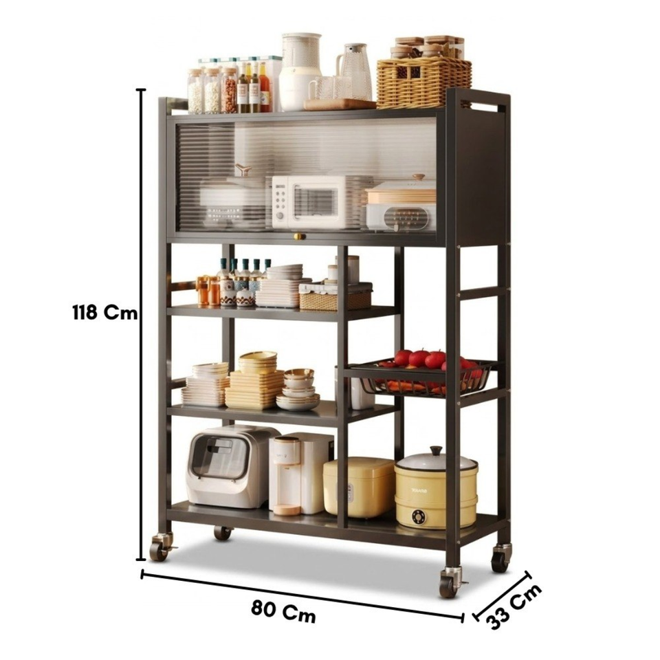 Estantería organizadora de cocina multifuncional con gabinete y ruedas