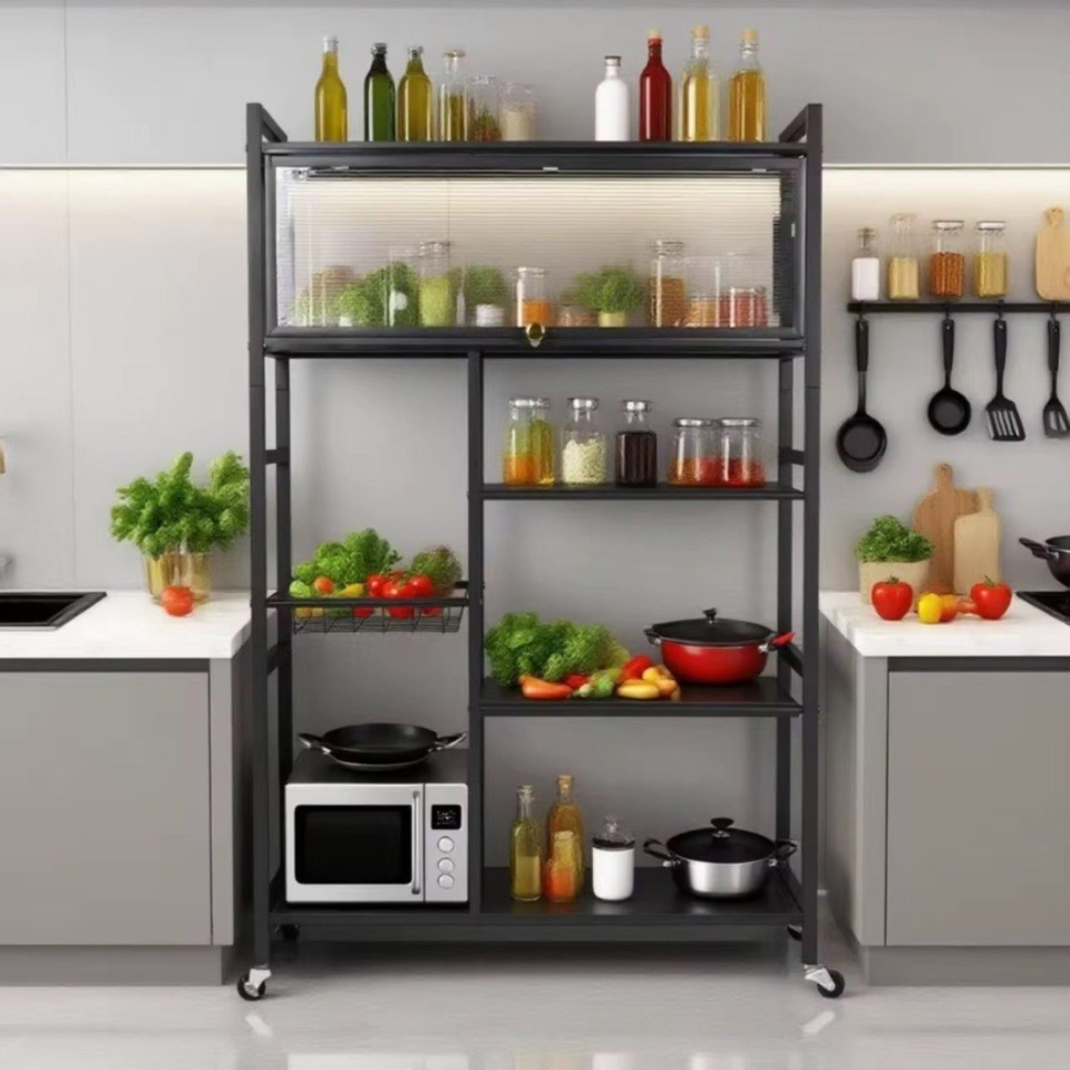 Estantería organizadora de cocina multifuncional con gabinete y ruedas
