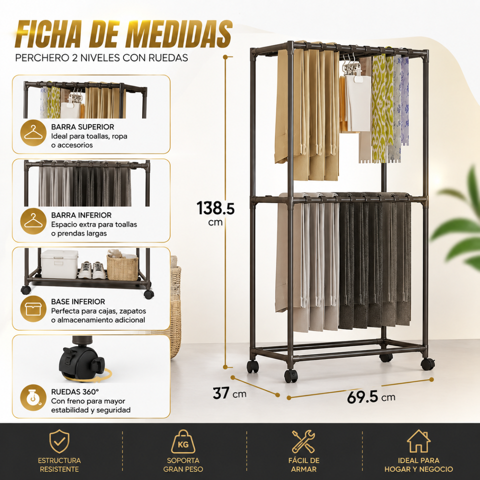 Perchero organizador 2 niveles con ruedas