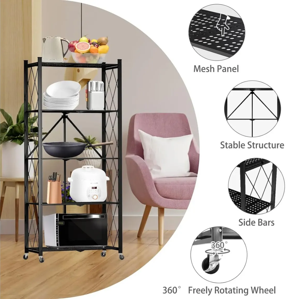 Estante Organizador Plegable Metálico de 5 Niveles con Ruedas
