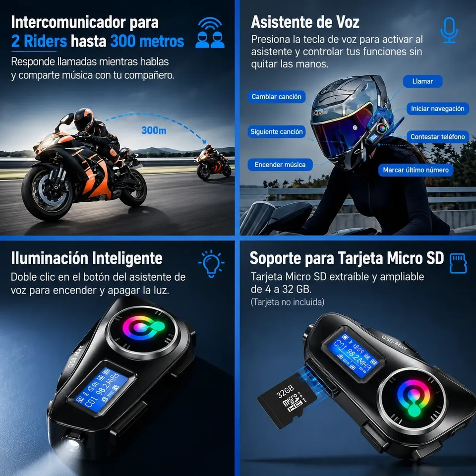 Combo X2 Intercomunicadores para Casco Q58-MAX con Pantalla LCD y Bluetooth