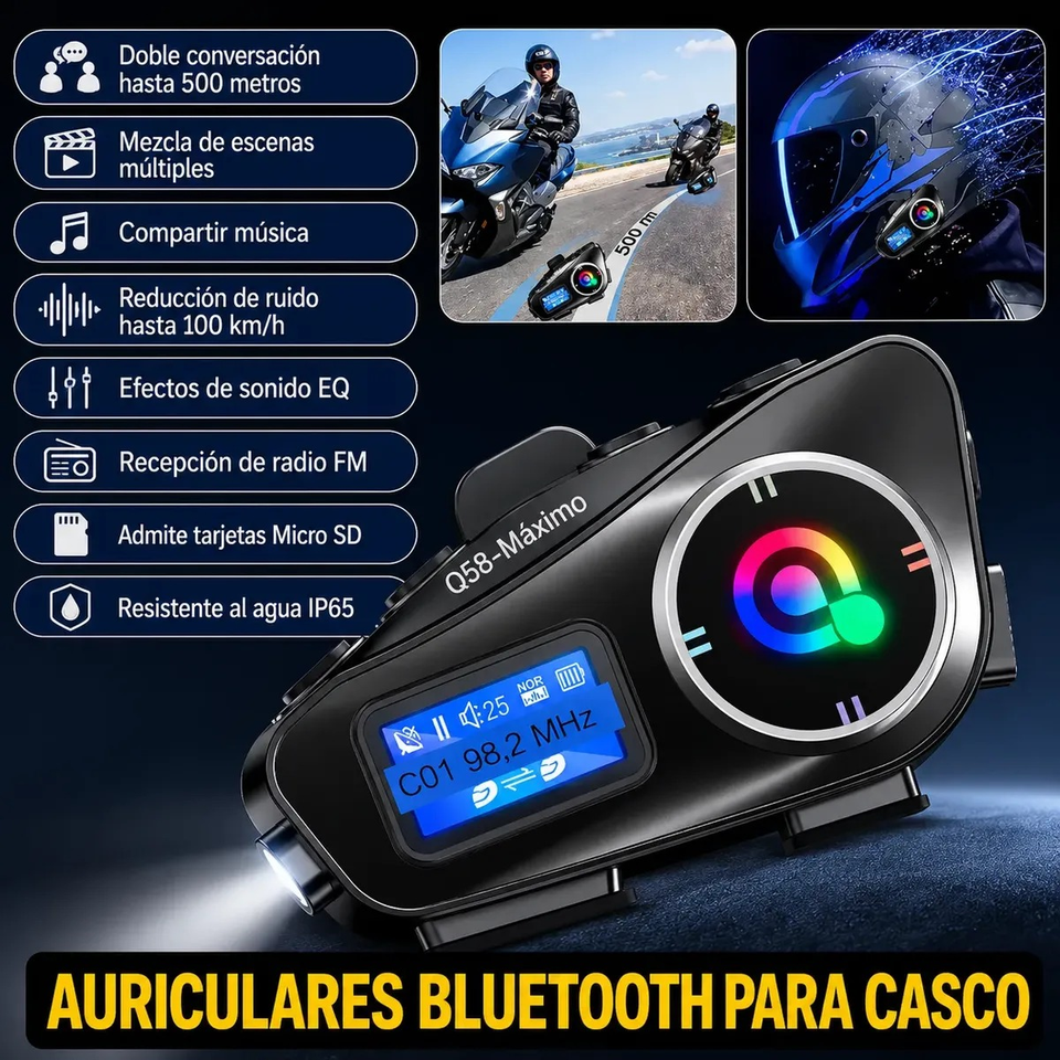 Combo X2 Intercomunicadores para Casco Q58-MAX con Pantalla LCD y Bluetooth