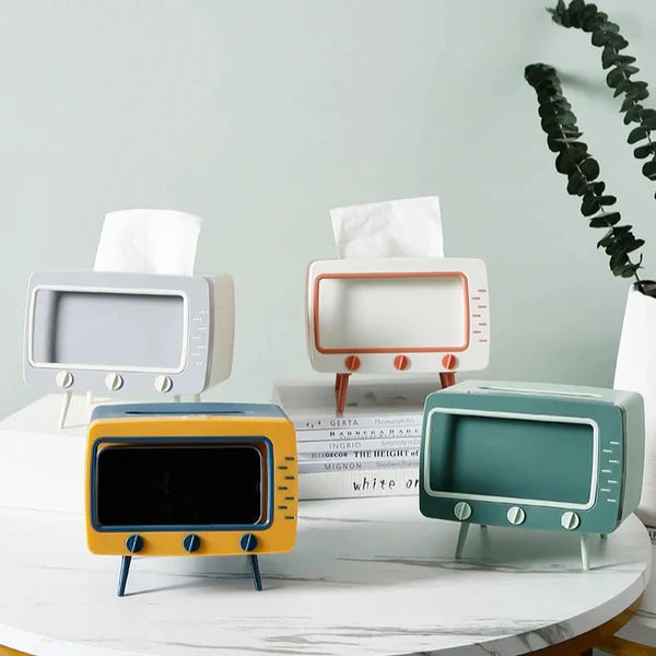 Dispensador de Pañuelos Creativo en Forma de TV con Soporte para Celular