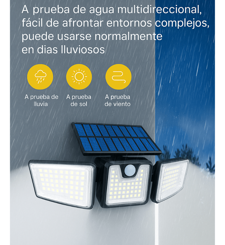 Lámpara Solar LED con Sensor de Movimiento y Triple Cabezal