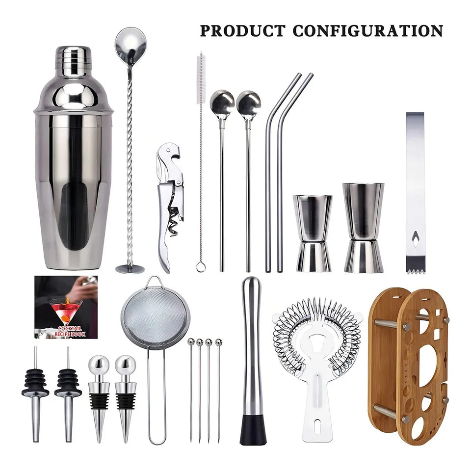 KIT DE COCTELERÍA PROFESIONAL DE 23 PIEZAS CON BASE DE BAMBÚ